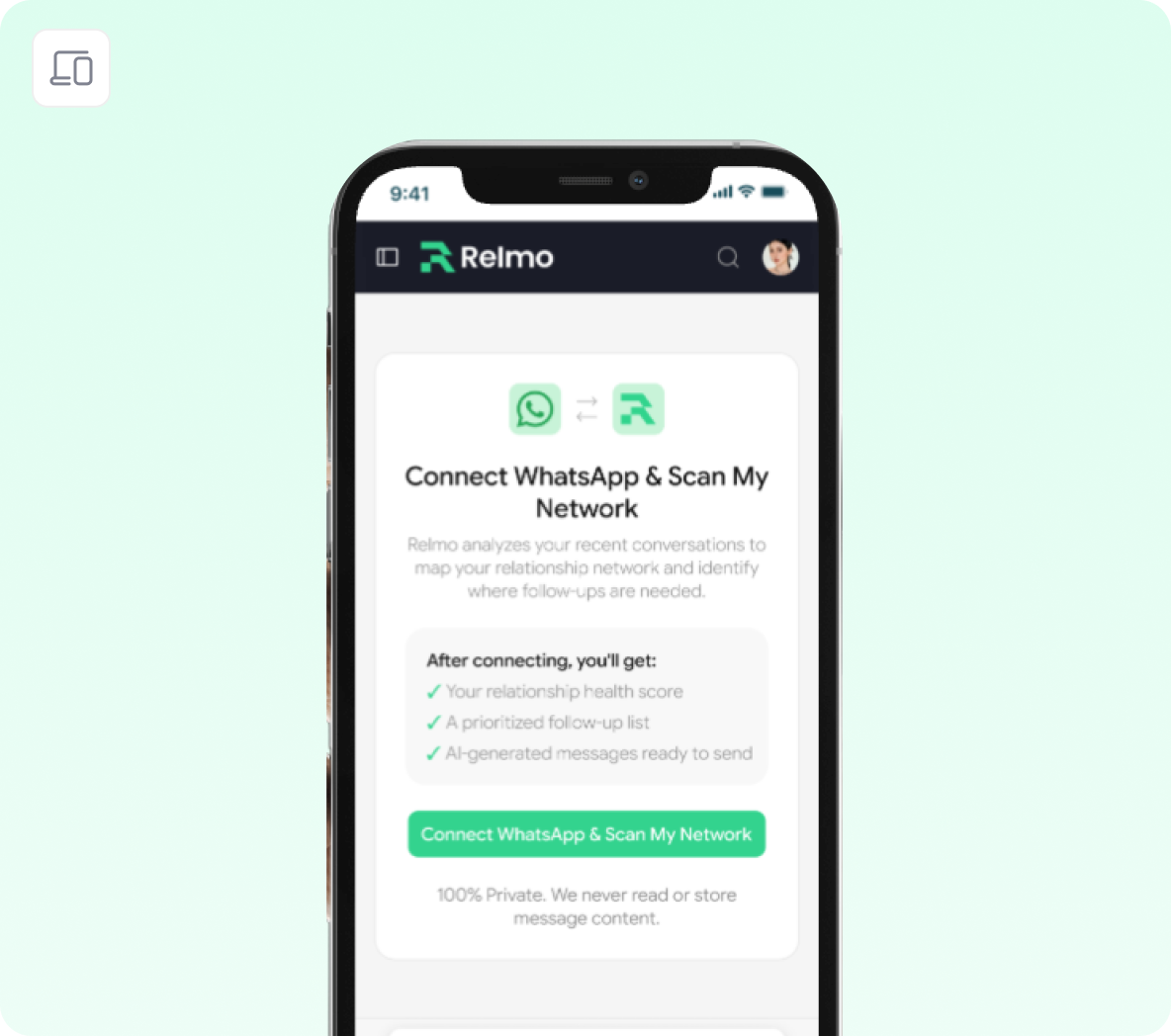 Relmo WhatsApp onboarding preview on mobile