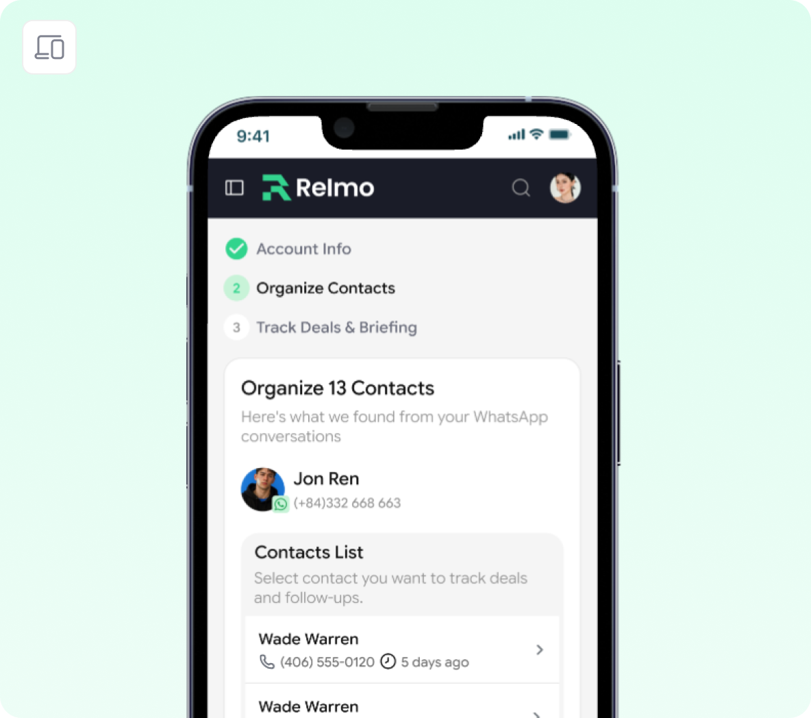 Relmo organized contacts preview