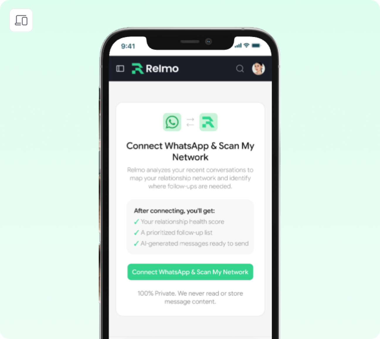 Relmo WhatsApp onboarding preview on mobile